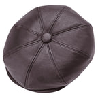 PU leather newsboy cap angled to show the peak and panelled crown
