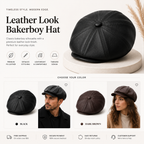 Detail of the short peak on the PU faux-leather baker boy cap