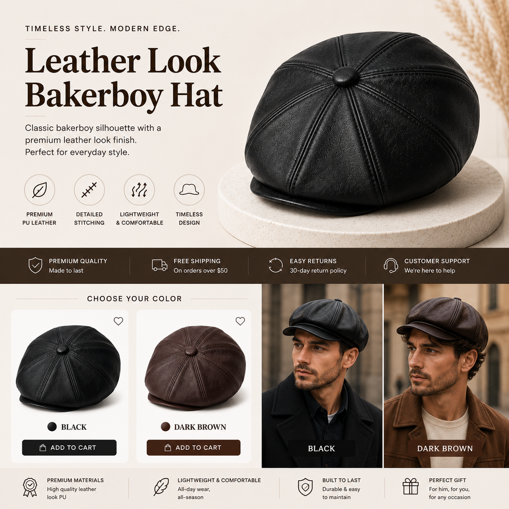 8-panel PU leather newsboy cap shown from above, highlighting the crown button