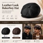 8-panel PU leather newsboy cap shown from above, highlighting the crown button