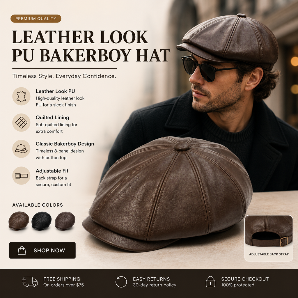 Unisex PU faux-leather baker boy hat suitable for men and women