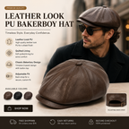 Unisex PU faux-leather baker boy hat suitable for men and women