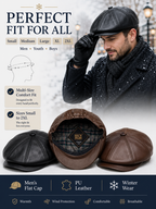 PU leather baker boy cap shown at a three-quarter angle