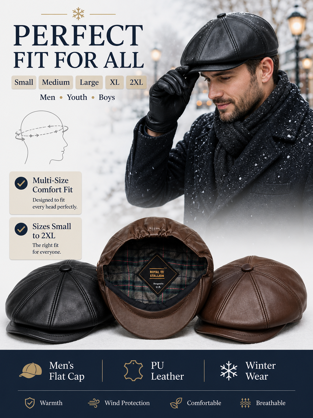 PU leather baker boy cap shown at a three-quarter angle