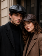 Side profile of the PU leather baker boy cap showing its rounded 8-panel crown and flat cap shape