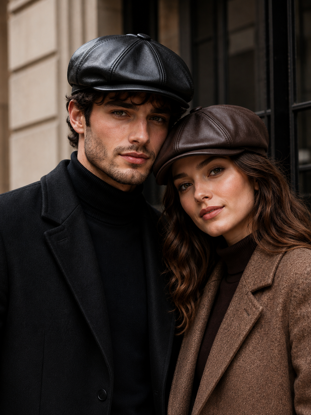 Side profile of the PU leather baker boy cap showing its rounded 8-panel crown and flat cap shape