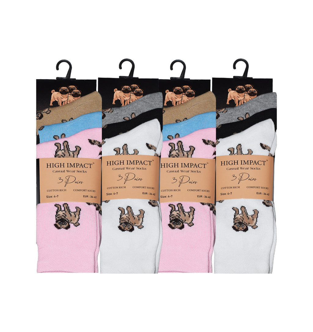Pug dog design women's cotton rich novelty socks ladies multipack UK 4-6.5 Hopoye