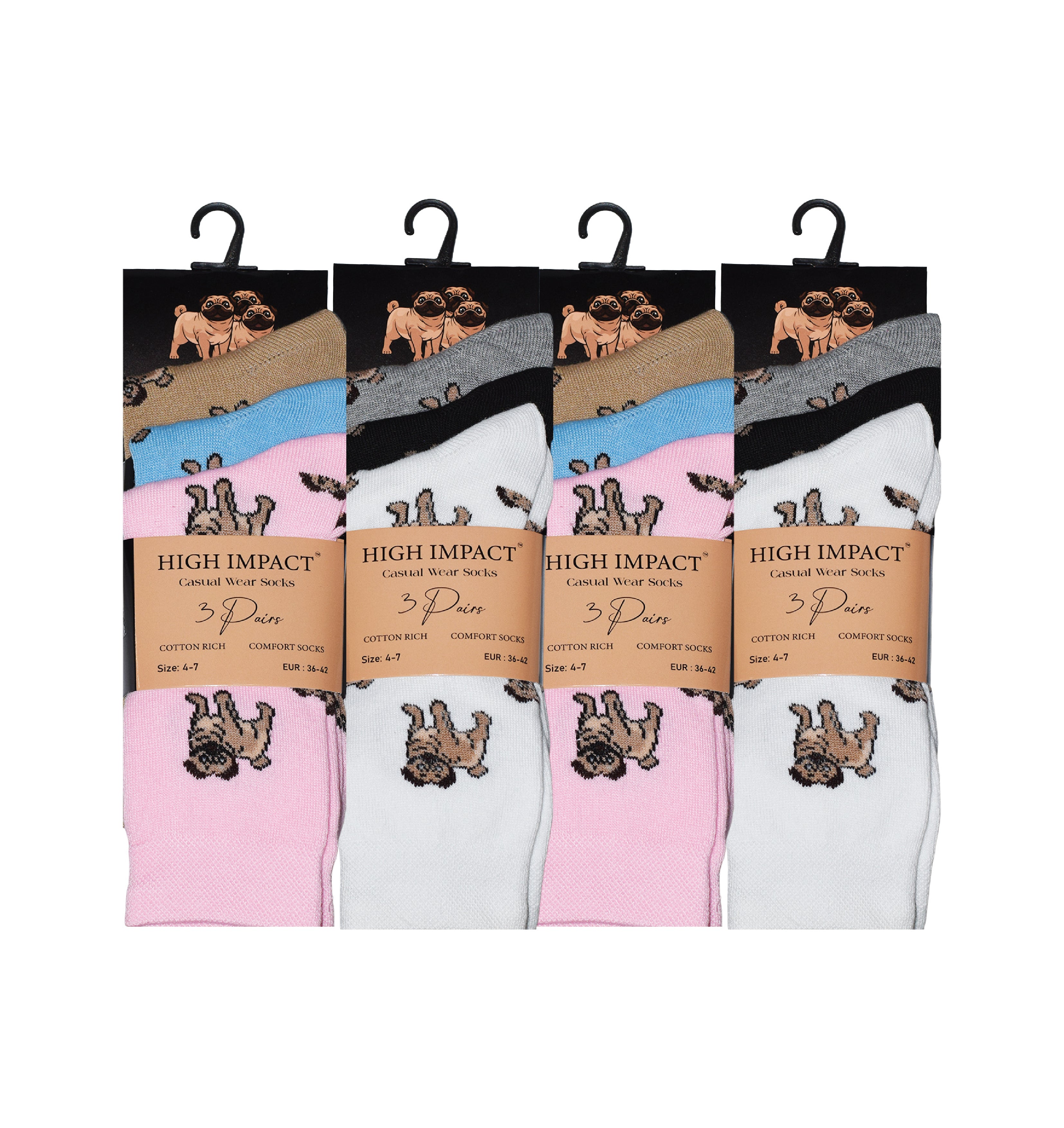 Pug dog design women's cotton rich novelty socks ladies multipack UK 4-6.5 Hopoye