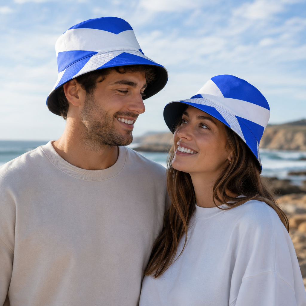 Scotland bucket hat in 100% cotton with Scottish flag design, unisex one size 58-59cm