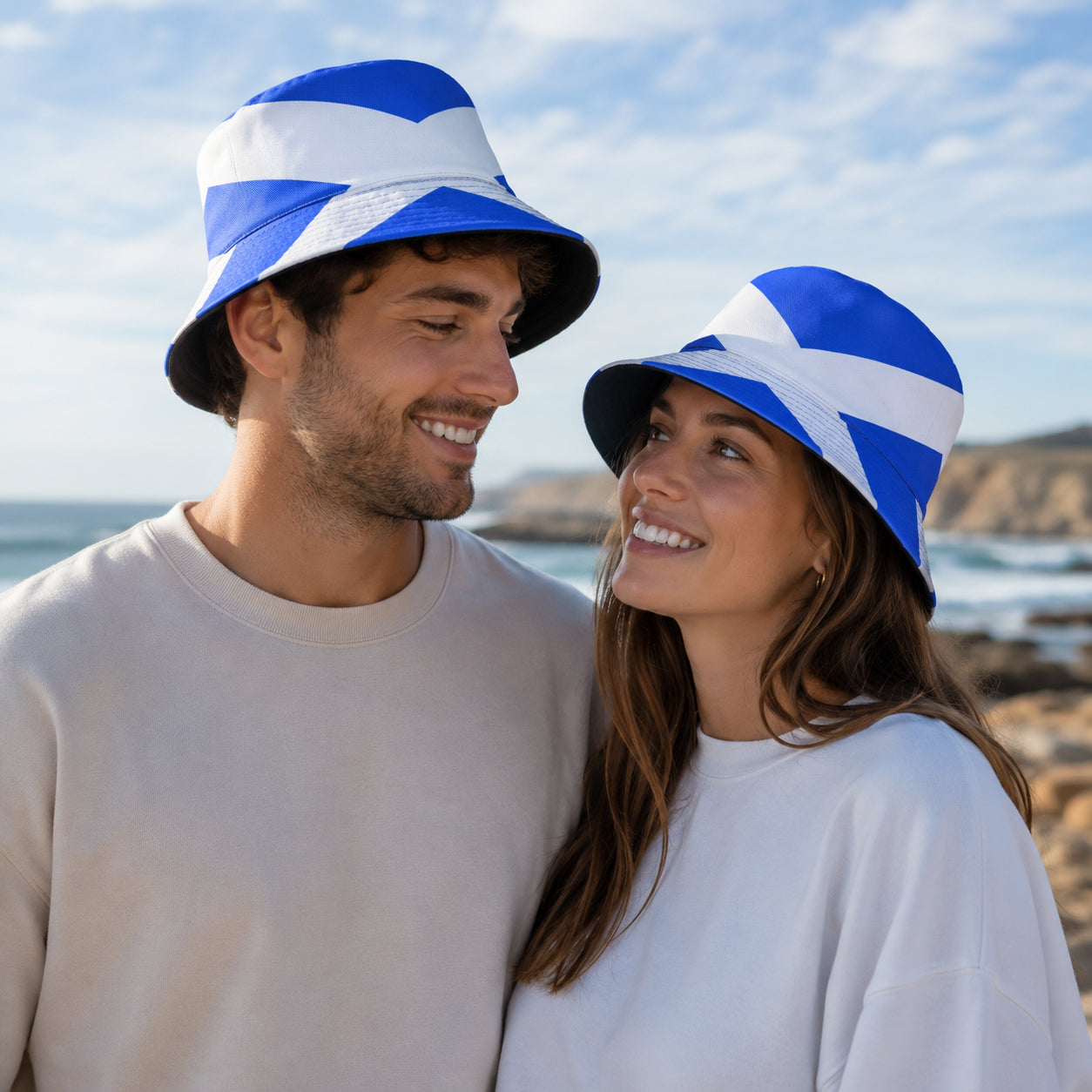 Scotland bucket hat in 100% cotton with Scottish flag design, unisex one size 58-59cm