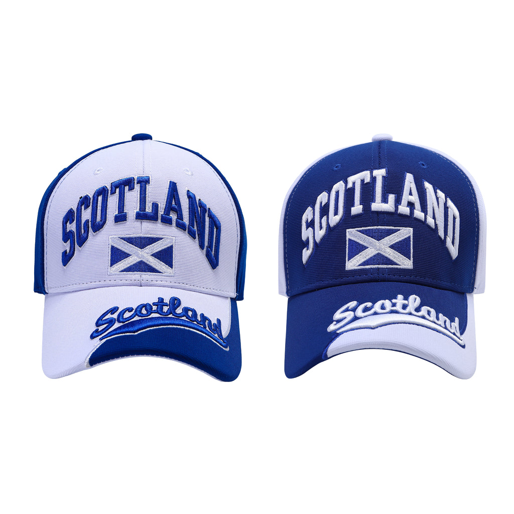 Scotland flag blue and white embroidered 6 panel baseball cap — front view showing stitched Saltire