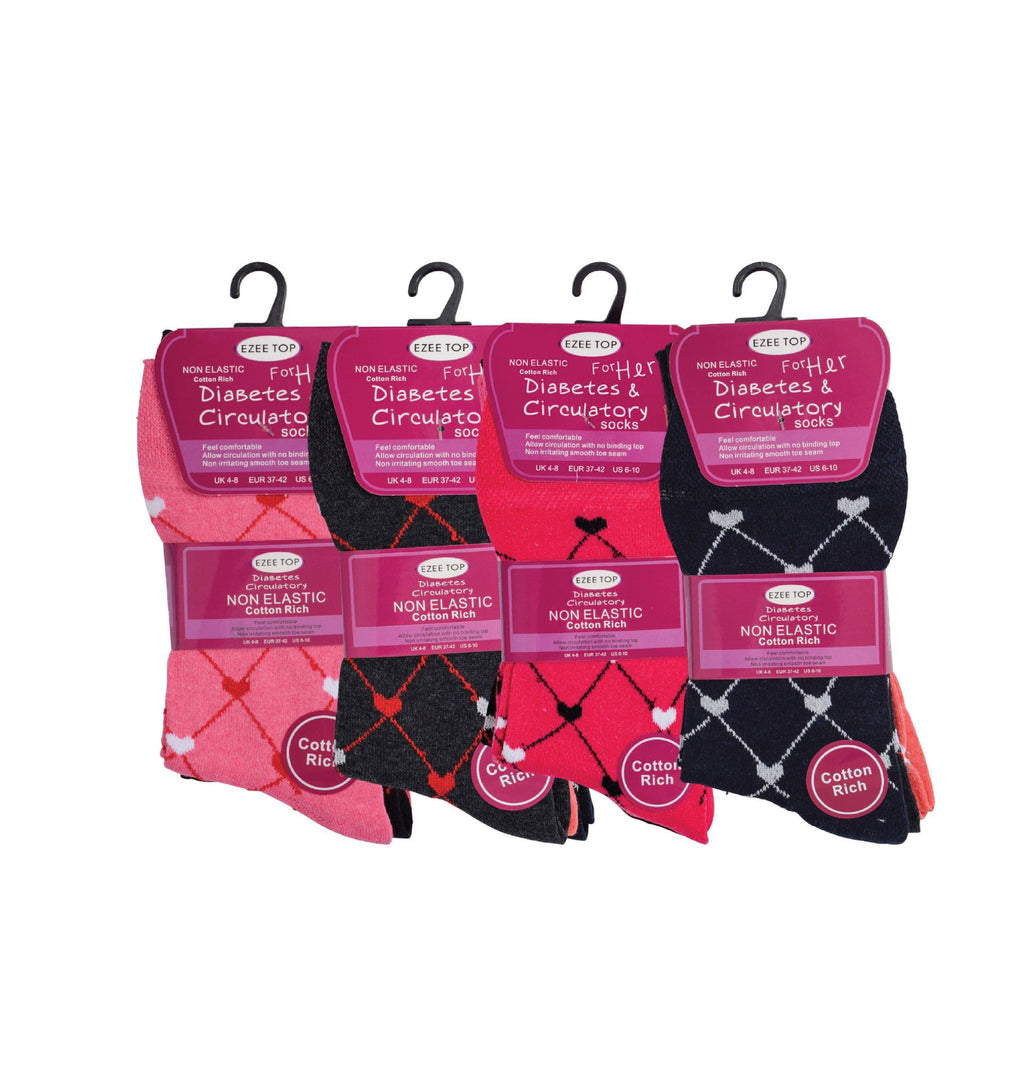 Ladies diabetic heart pattern socks non-binding loose fit cotton rich multipack UK Hopoye