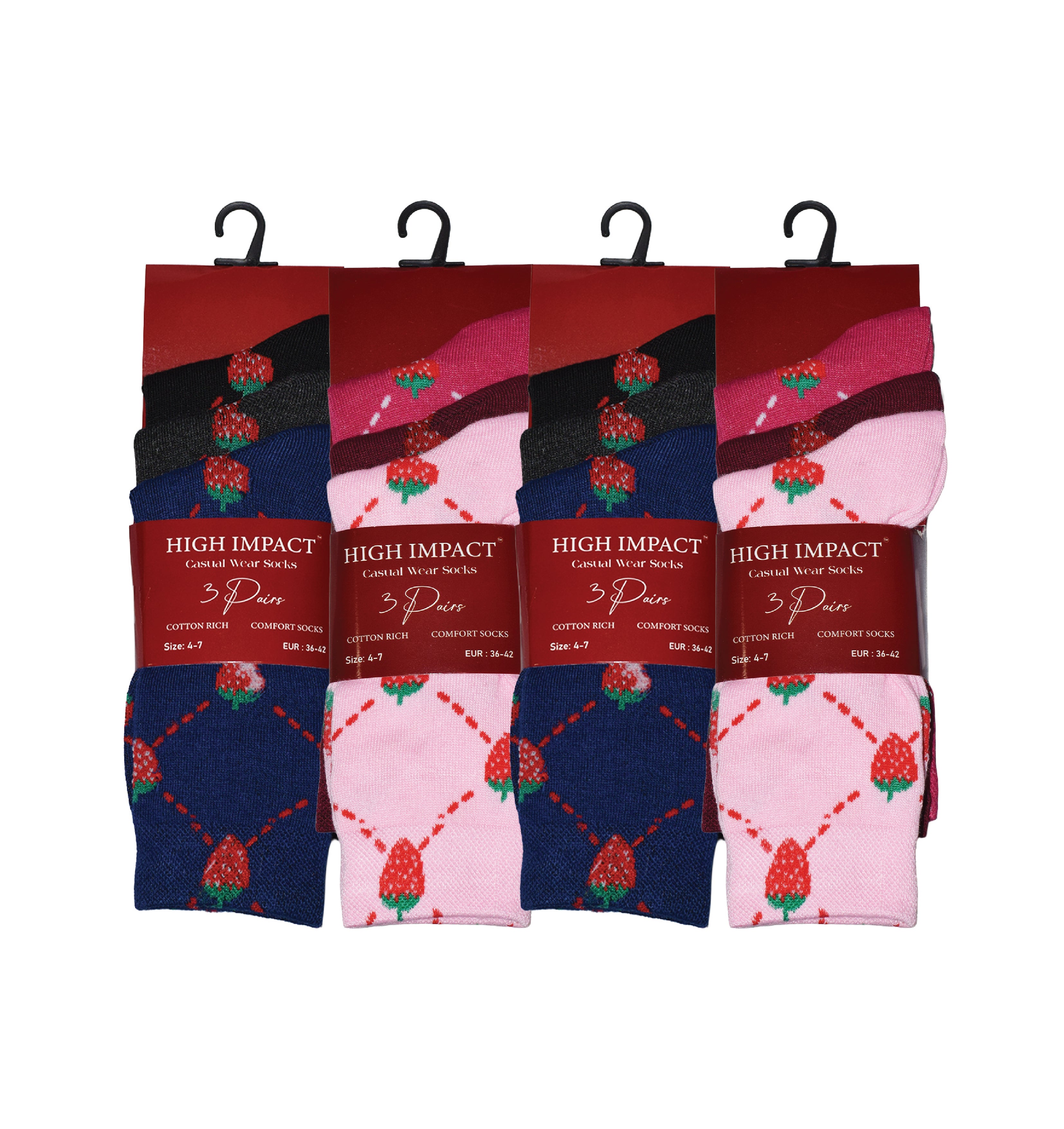 Strawberry design women's cotton rich novelty socks ladies multipack UK 4-6.5 Hopoye