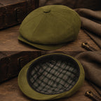 Flat lay photography of suede baker boy hat showing product details