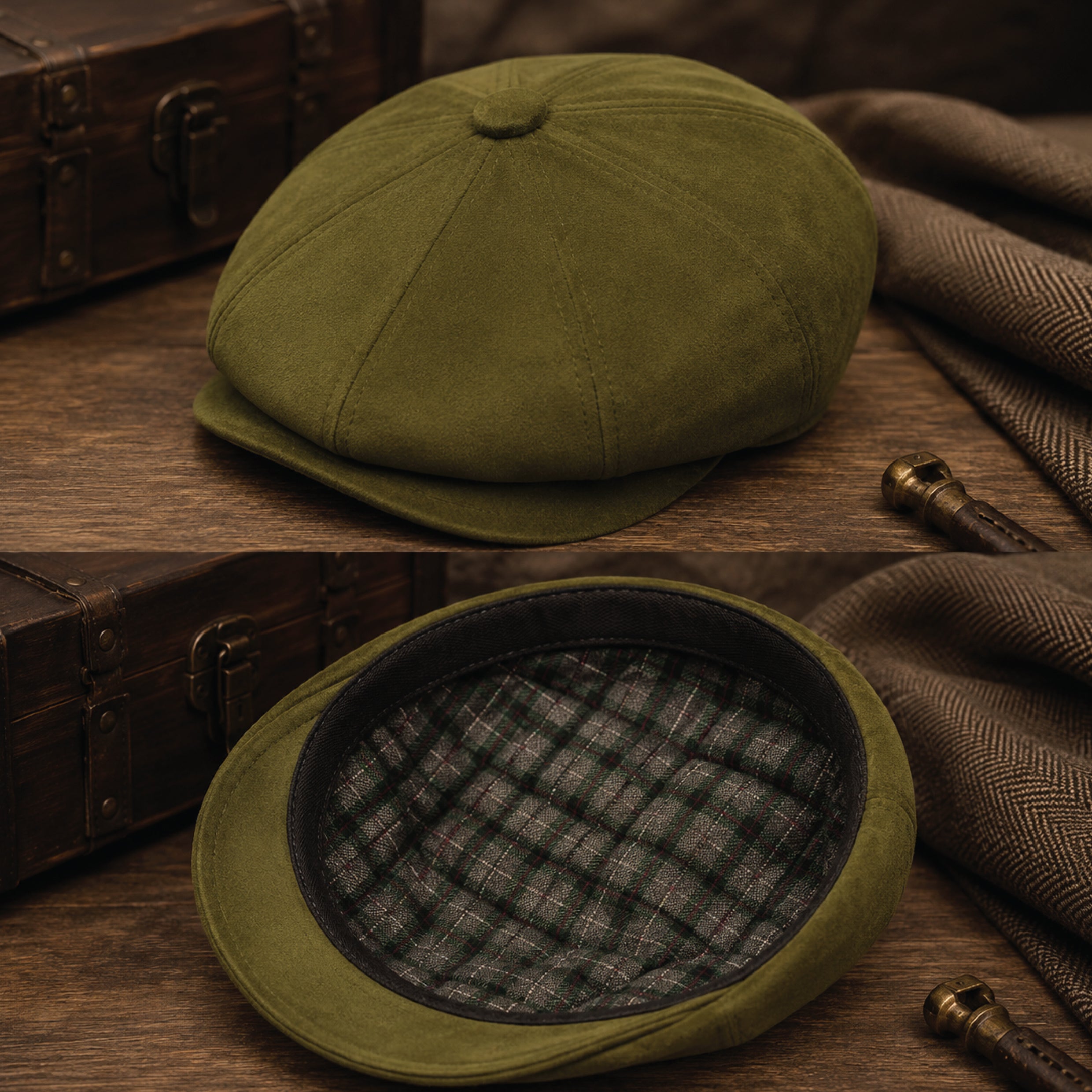 Flat lay photography of suede baker boy hat showing product details