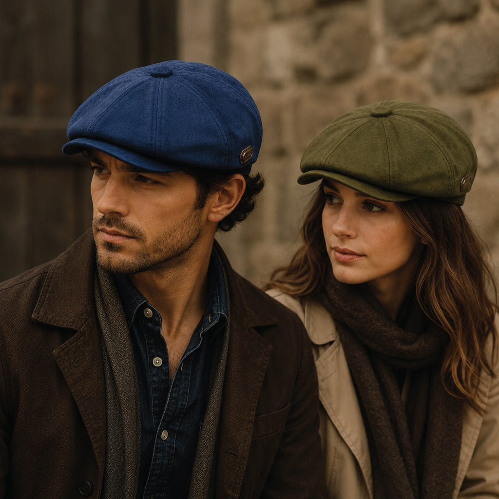 Olive green baker boy hat with knitwear and vintage-inspired styling