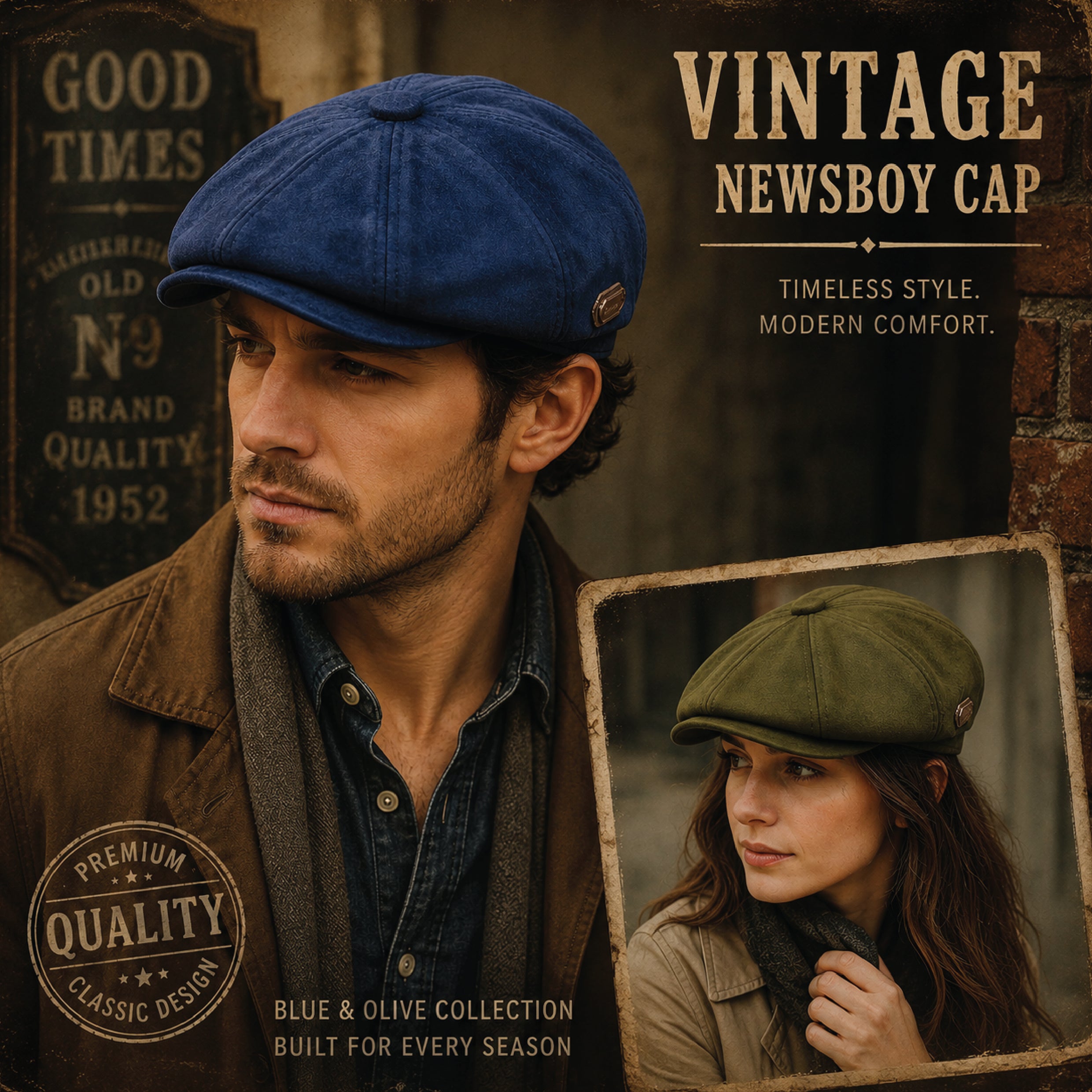 Baker boy hat worn by model showing comfortable fit and authentic vintage aesthetic