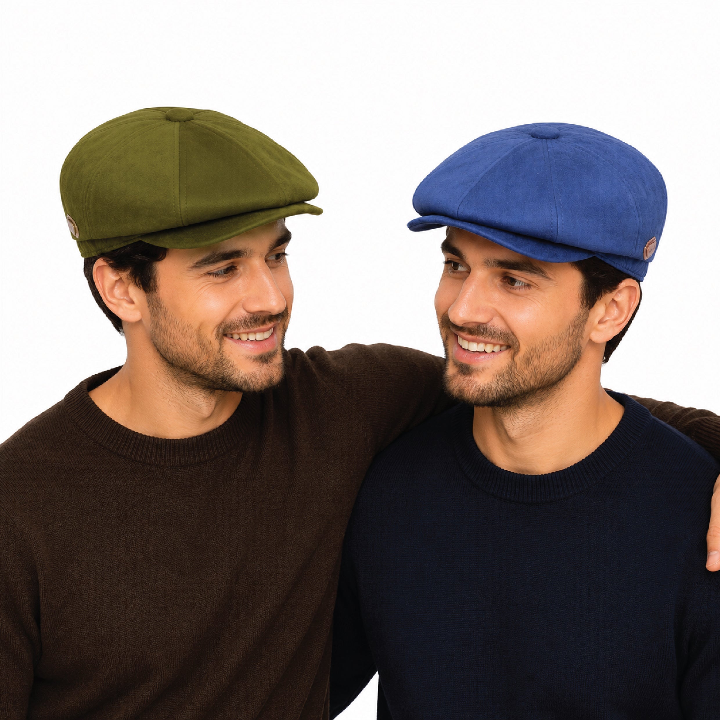 Side profile of suede baker boy hat displaying structured brim and crown detail