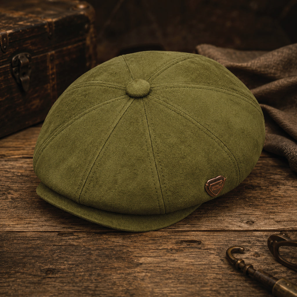 Overhead view of baker boy hat showing rounded crown and brim construction