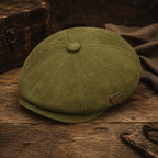 Overhead view of baker boy hat showing rounded crown and brim construction