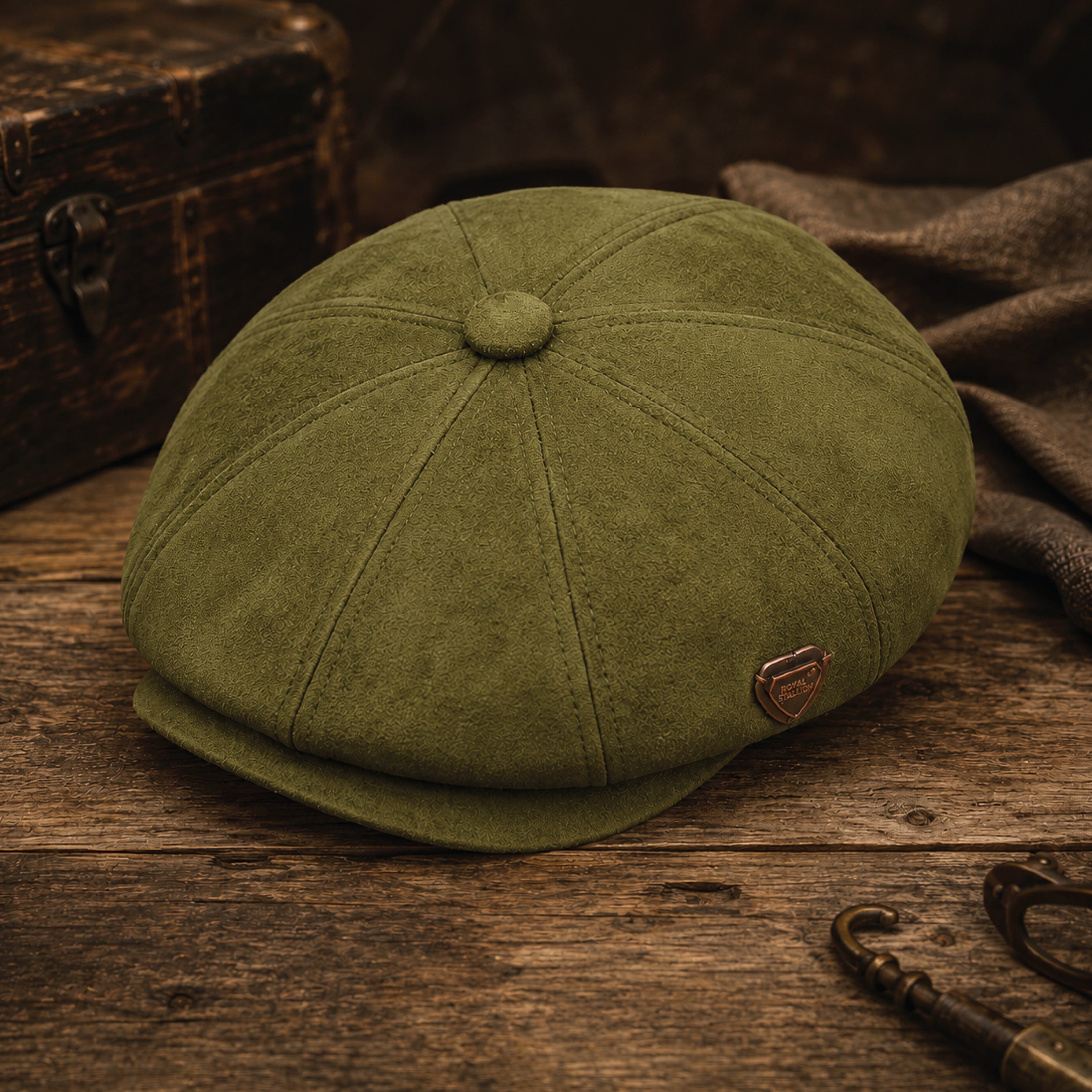 Overhead view of baker boy hat showing rounded crown and brim construction