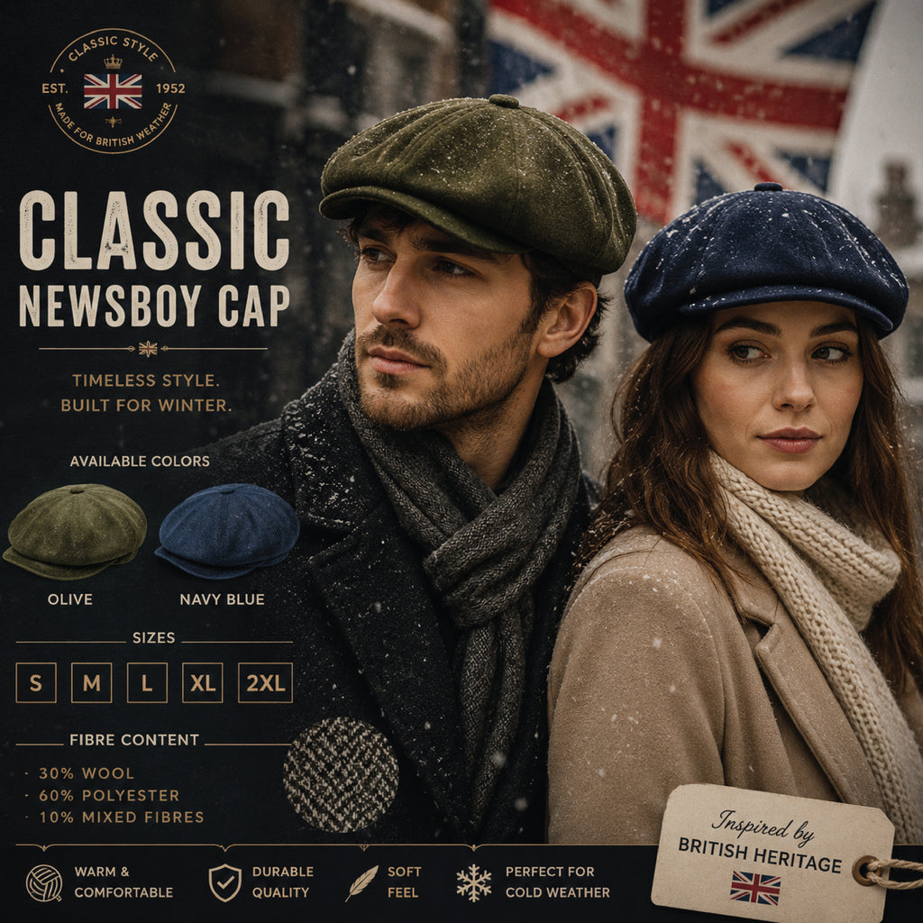 Dual colour display - navy and olive green baker boy hats side by side