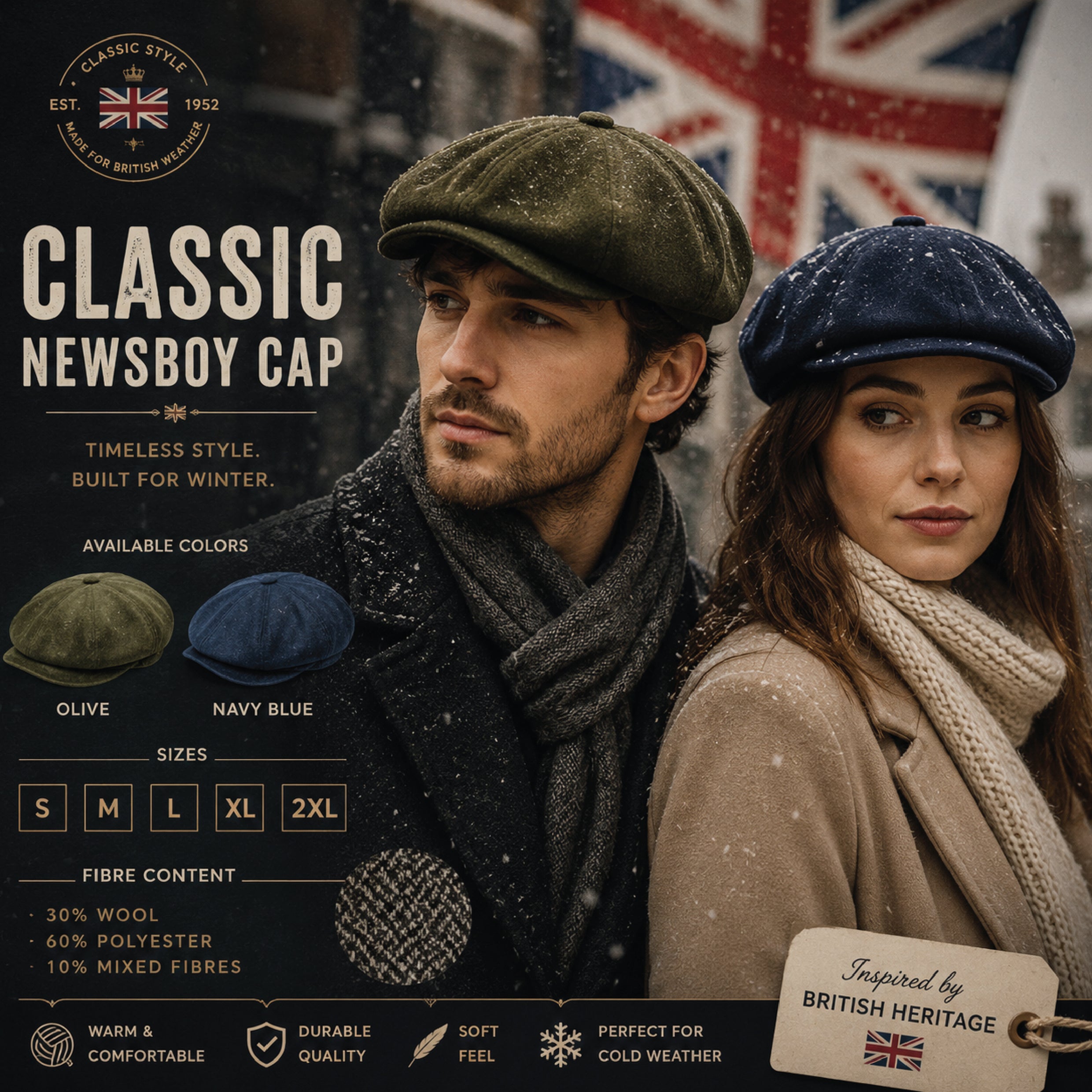 Dual colour display - navy and olive green baker boy hats side by side