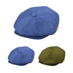 Suede baker boy hat in olive green and navy blue, front view showing classic newsboy silhouette