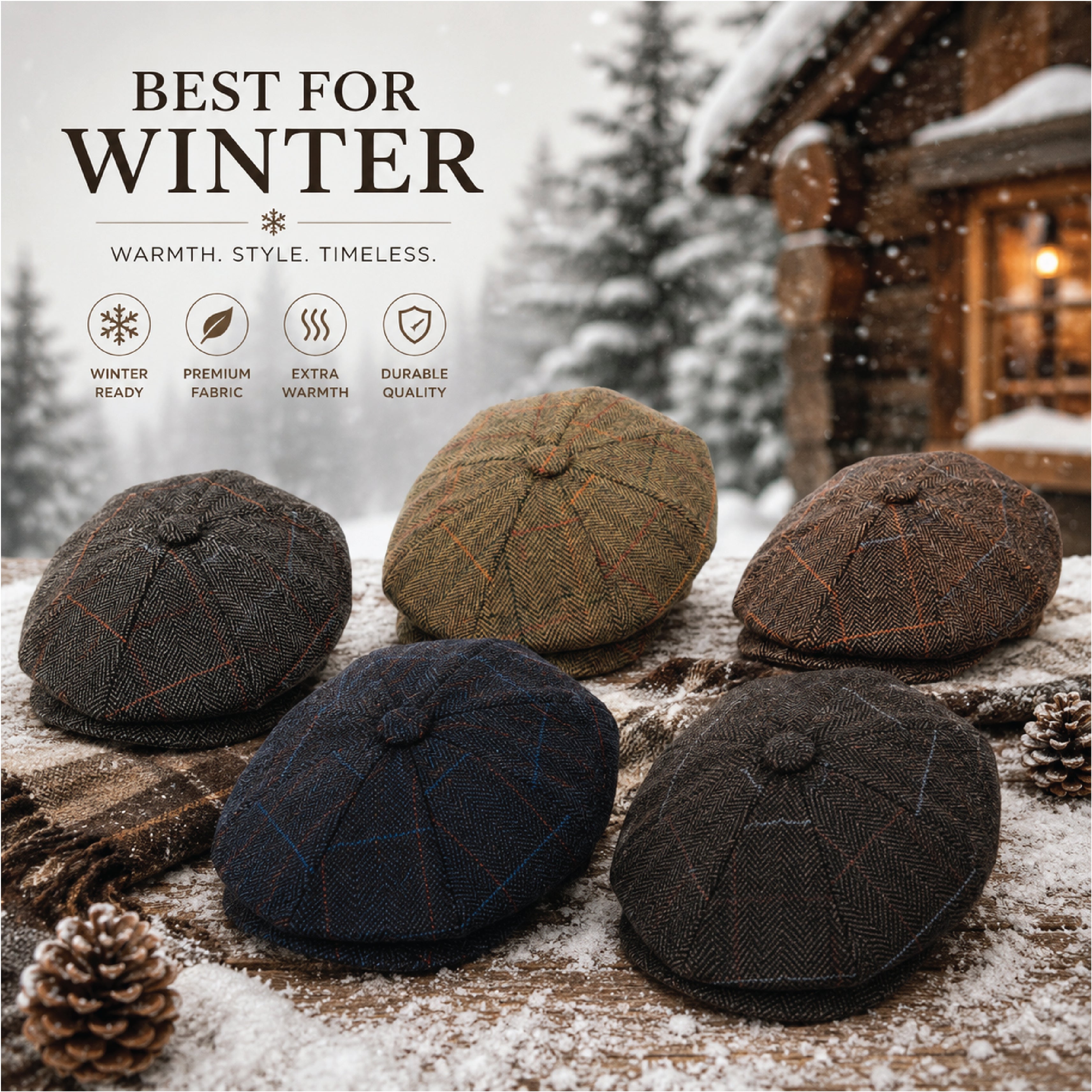 Baker boy newsboy cap in check tweed, side profile view