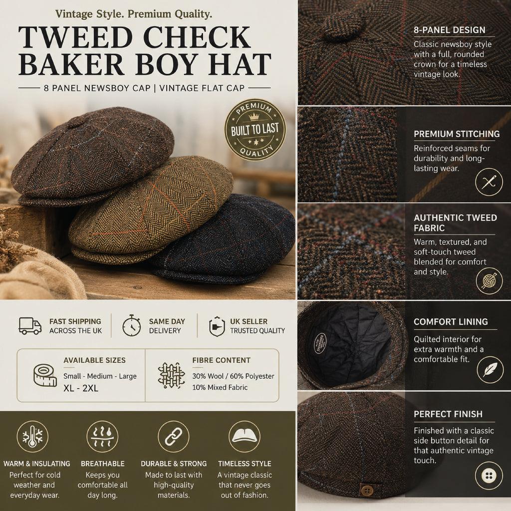 Peaky Blinders style newsboy cap in check tweed fabric