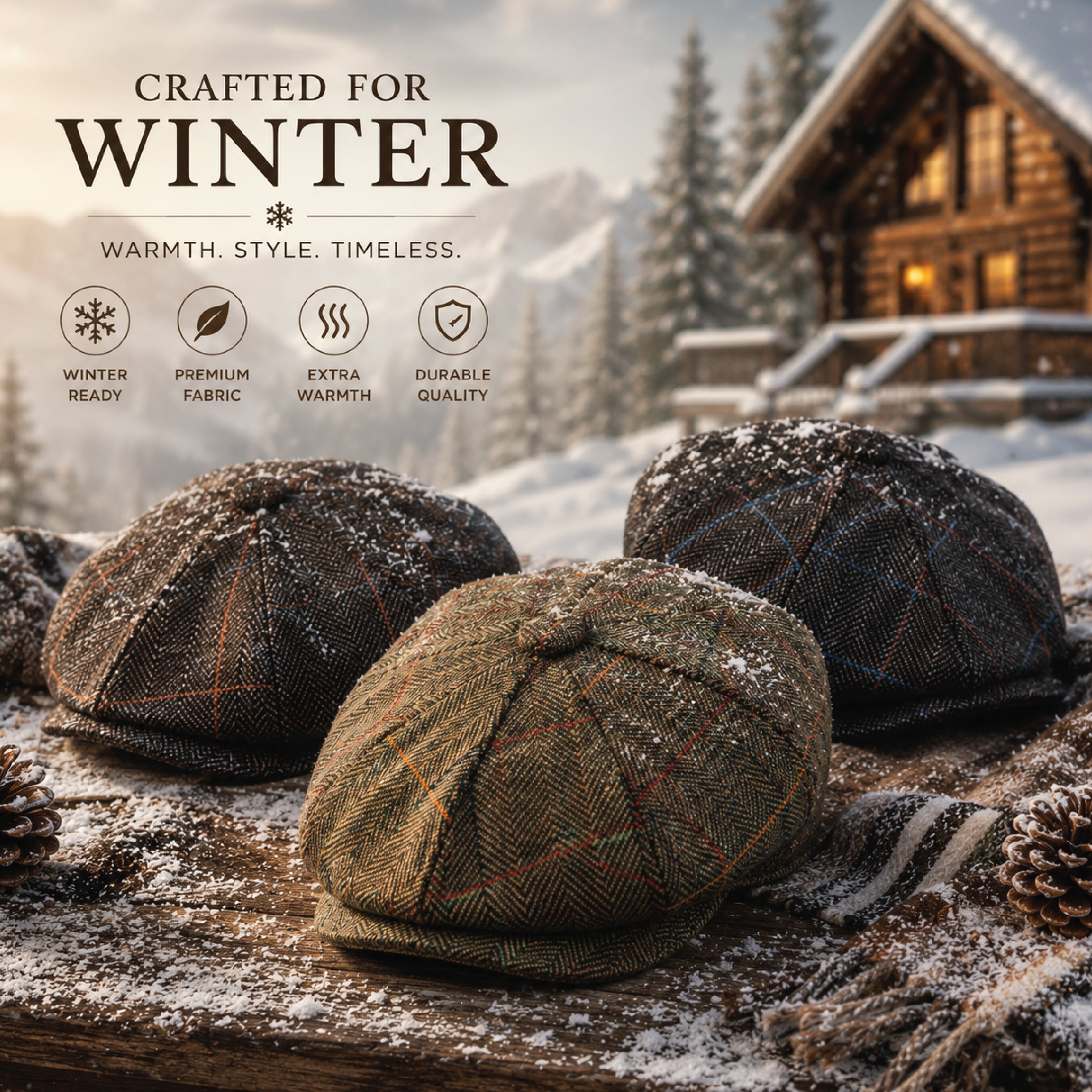 Wool blend baker boy hat in classic check, alternate colourway