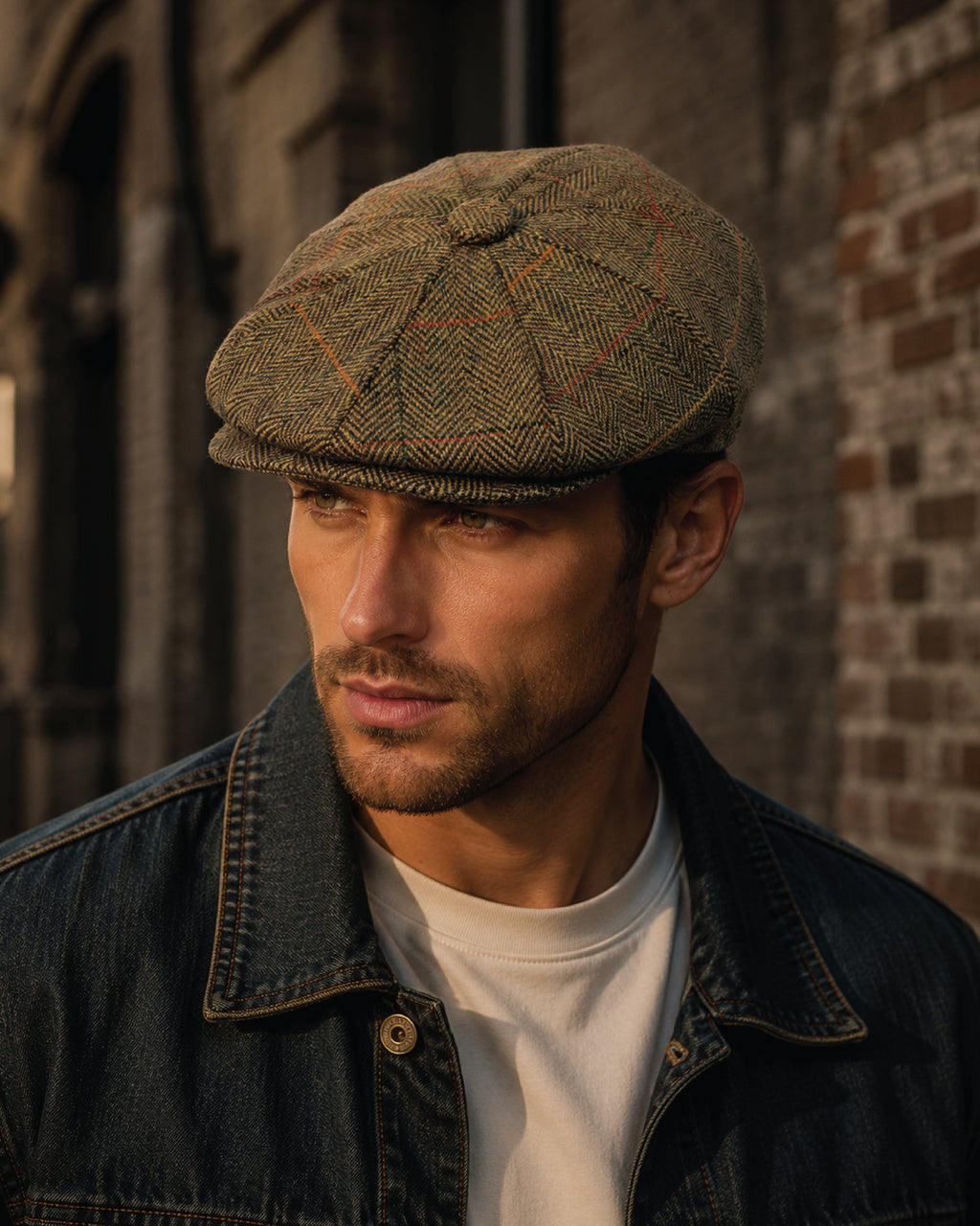 Vintage flat cap style baker boy hat in woven check fabric