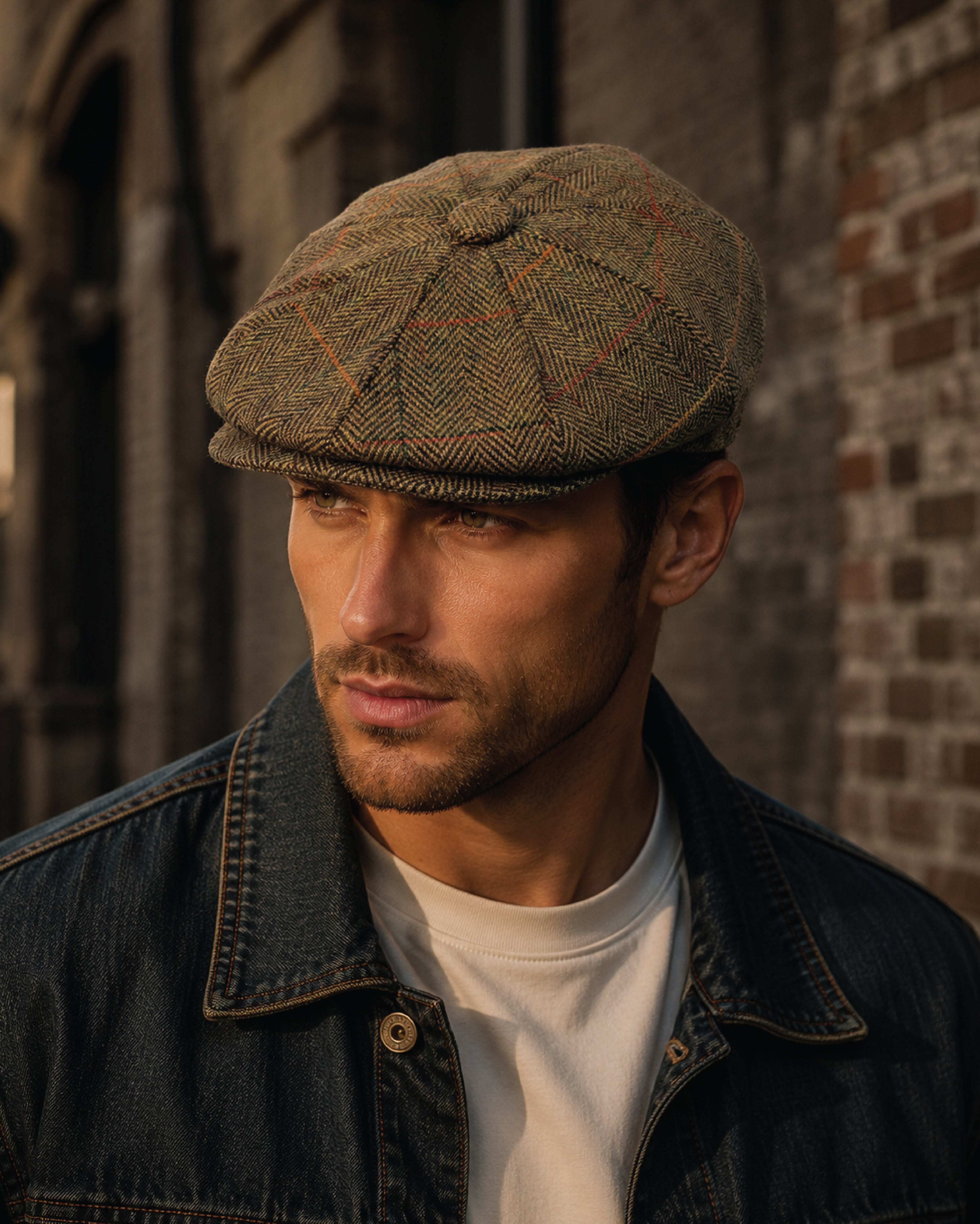 Vintage flat cap style baker boy hat in woven check fabric