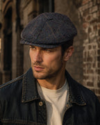 8 panel newsboy cap in wool blend tweed, peak and brim detail