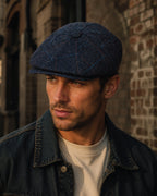 Tweed newsboy cap showing full rounded 8 panel crown