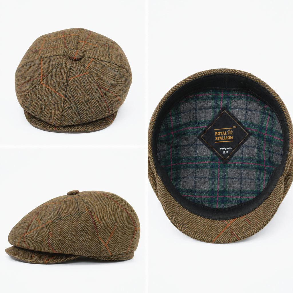 Baker boy hat in heritage check tweed, detail of panel construction