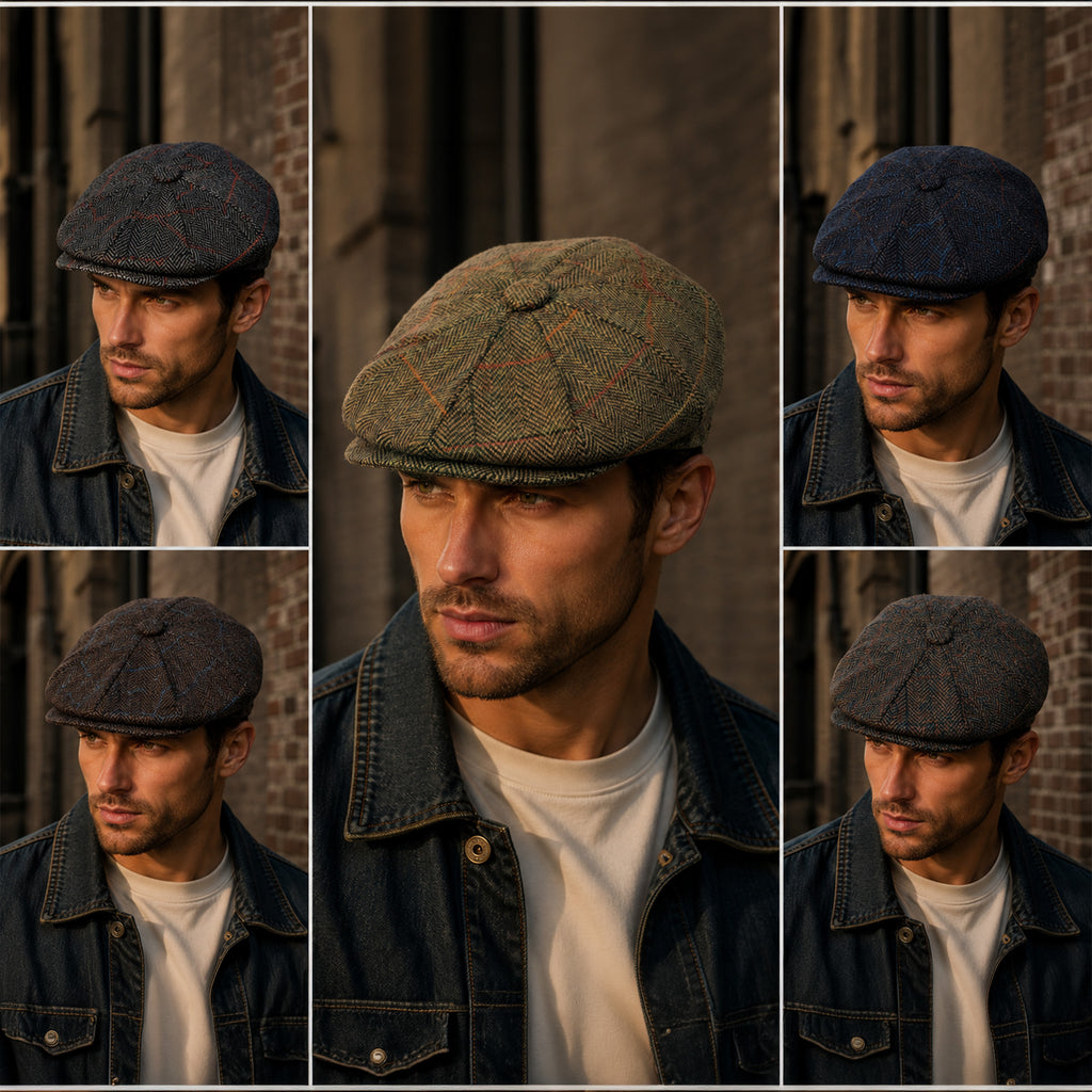 Vintage style 8 panel newsboy cap in wool blend check tweed