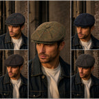Vintage style 8 panel newsboy cap in wool blend check tweed