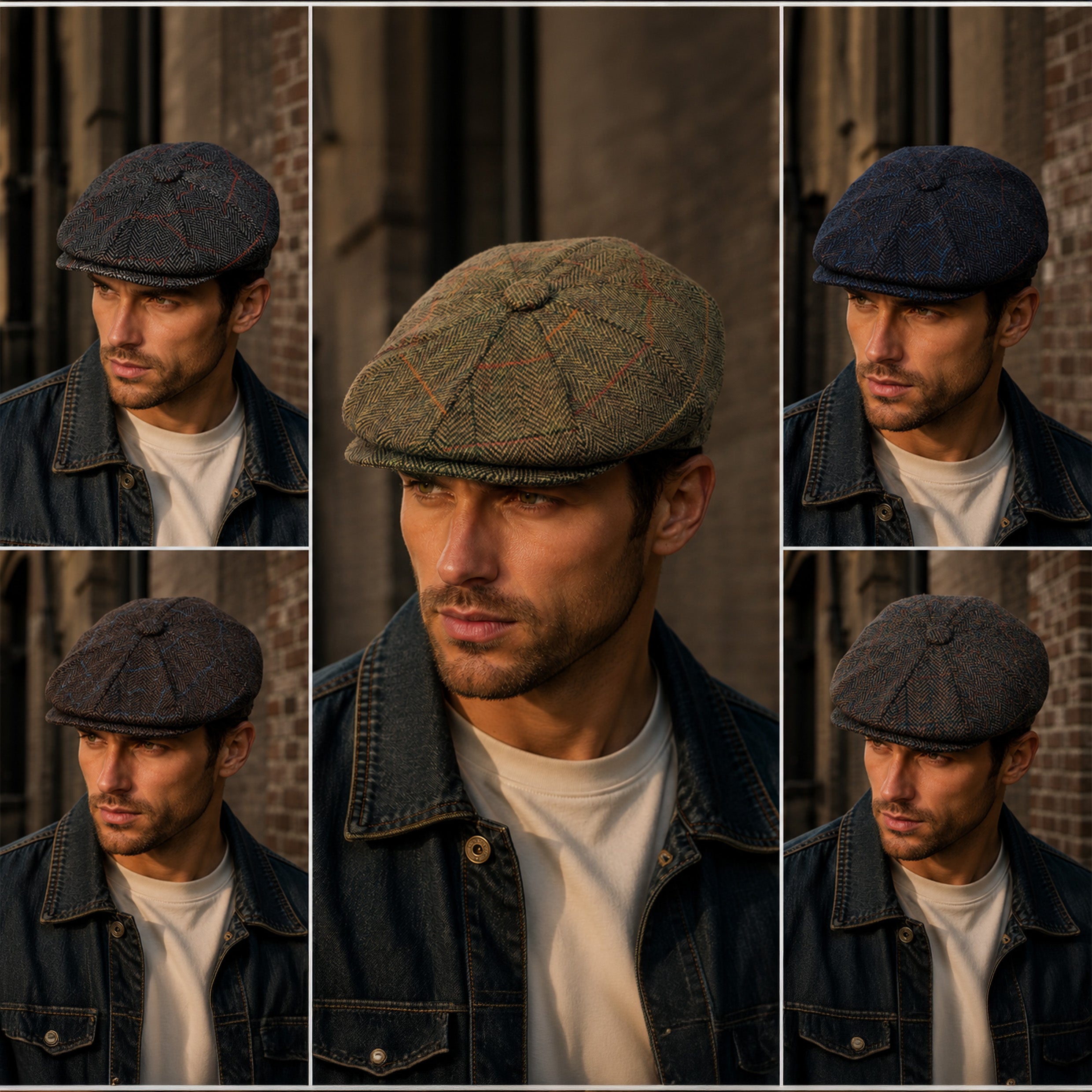 Vintage style 8 panel newsboy cap in wool blend check tweed