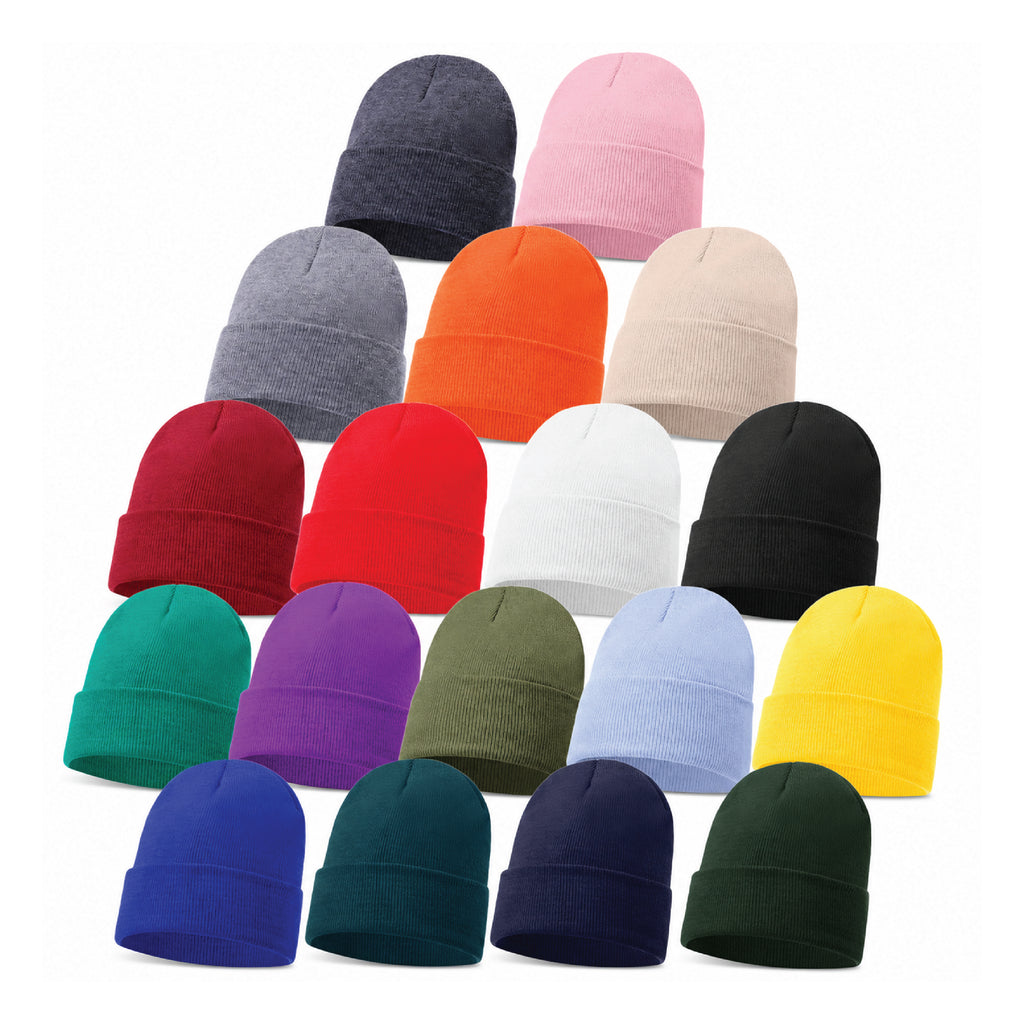 Unisex plain knitted cuffed beanie hat with turn up brim, one size, available in 18 colours