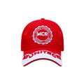 Red United football fan baseball cap 100% cotton MCR embroidered white peak Hopoye UK