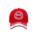 Red United football fan baseball cap 100% cotton MCR embroidered white peak Hopoye UK