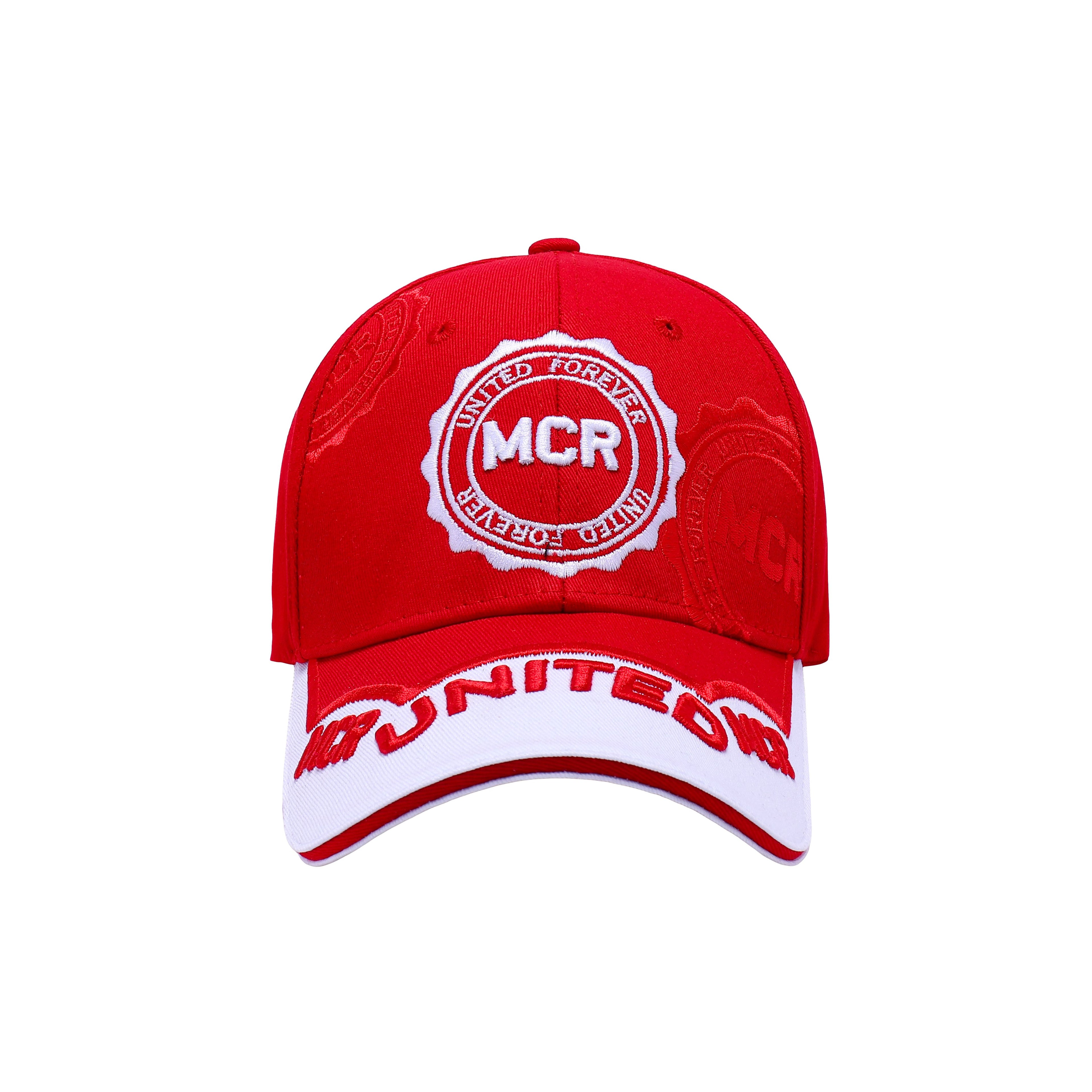 Red United football fan baseball cap 100% cotton MCR embroidered white peak Hopoye UK