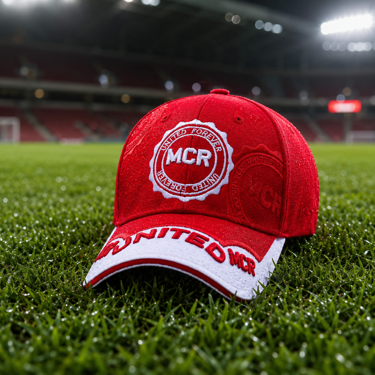 Red football fan baseball cap 3D MCR embroidery structured six panel crown