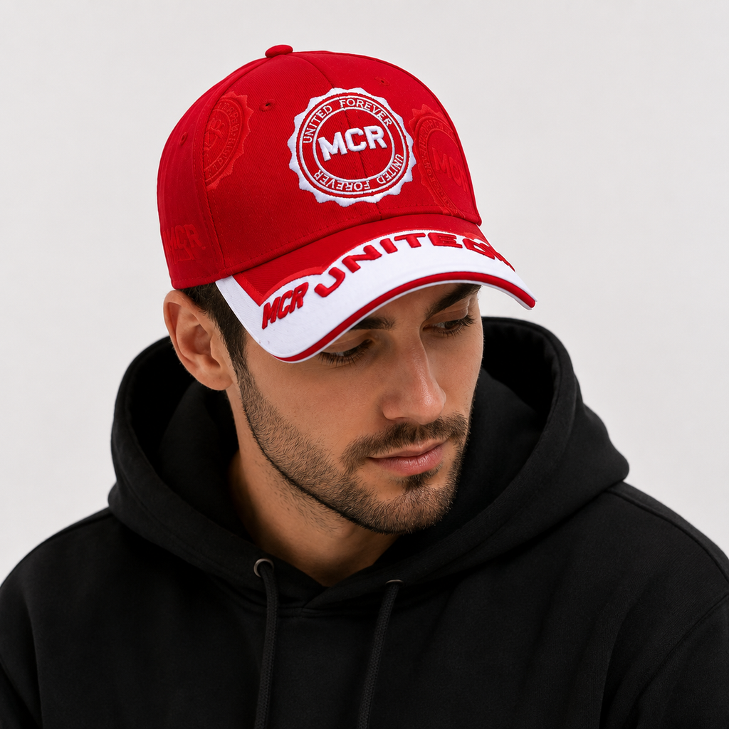 Red MCR embroidered supporter baseball cap side view tonal stamp detailing