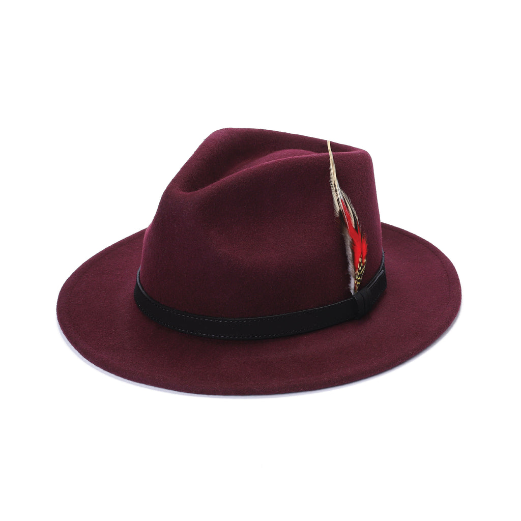 Wine red 100% wool fedora hat handmade wide brim XS to XL UK