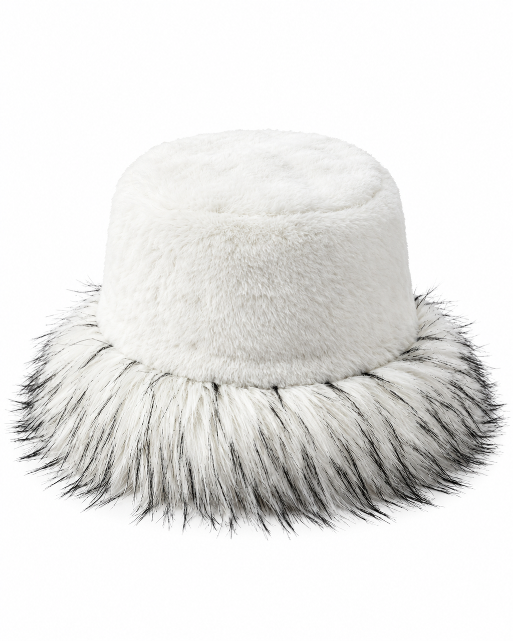 White faux fur large brim hat with a black-tipped brim, Ladies Large Brim Two Tone Fur Hat by Hopoye