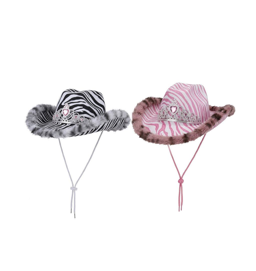 Zebra print party cowboy hat faux fur trim adjustable UK Hopoye