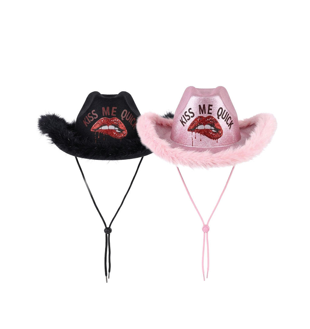 Kiss me quick glitter cowboy hat faux fur trim party hat UK Hopoye