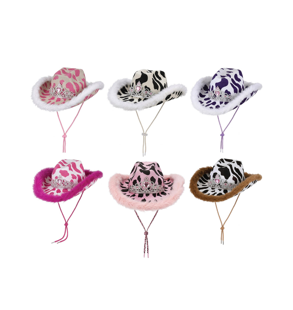 Cow print party cowboy hat faux fur trim 6 colours adjustable UK Hopoye